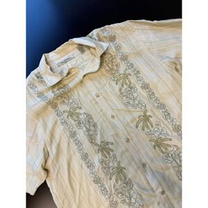 Tommy Bahama Hawaiin Shirt Floral Silk Camp Green Loop Collar XL